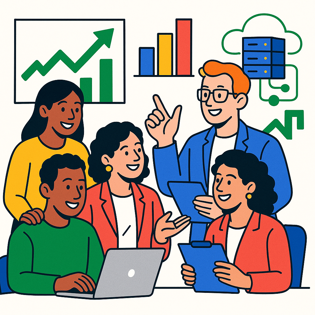 GrowStratyx Expert Team - Diverse professionals collaborating with advanced technology, data analytics, and cloud solutions to drive business growth